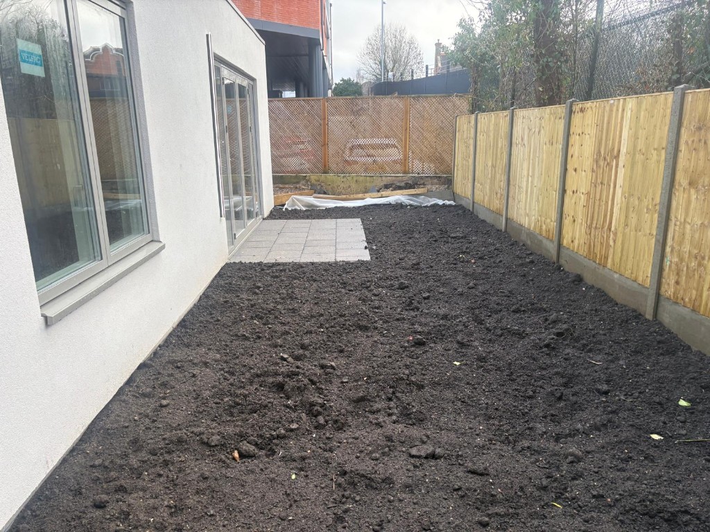 Entrance approach — textured slabs and prepared landscaping margins