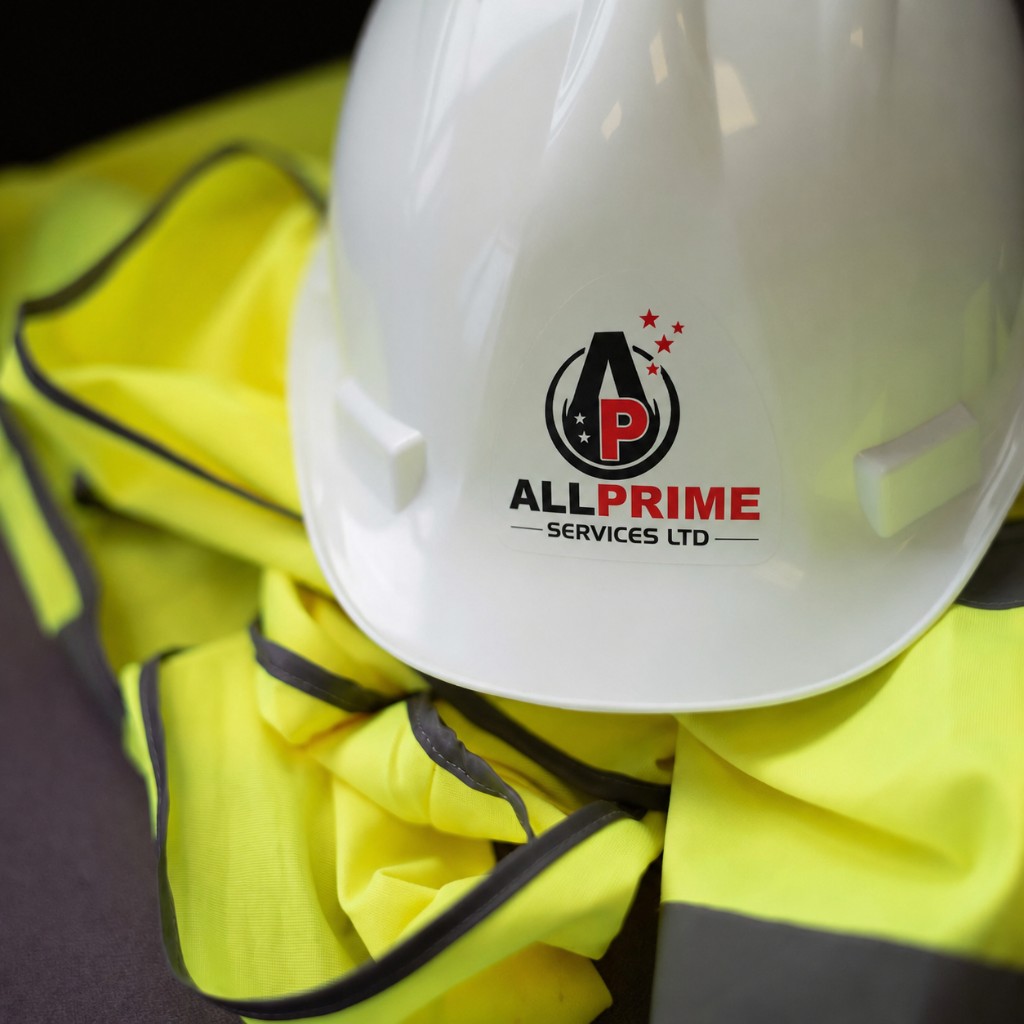 All Prime Services branded hard hat on high-visibility safety vest